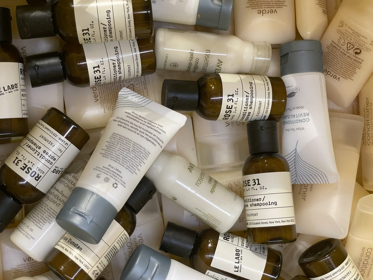 Personal hygiene supplies — shampoo and conditioner — donated for the care packs